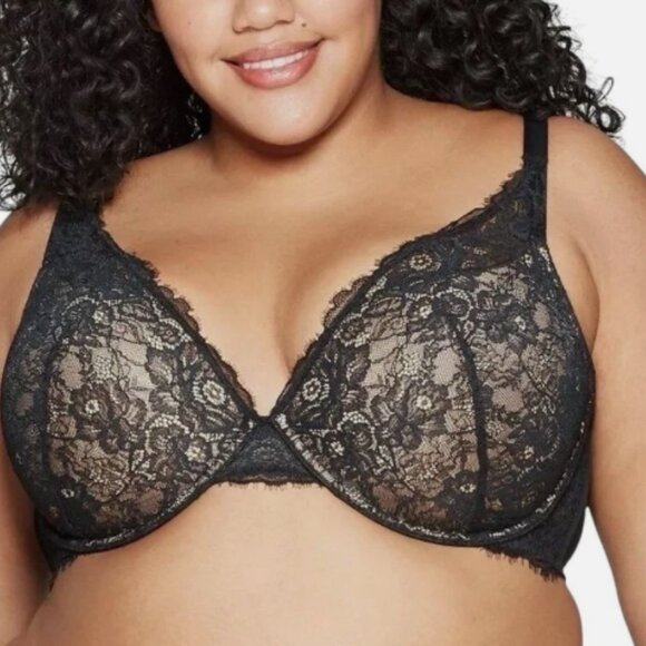 AUDEN 46D The Sublime Black Lace Plunge Coverage Push Up Bra Underwire Adjustabl - Picture 1 of 13